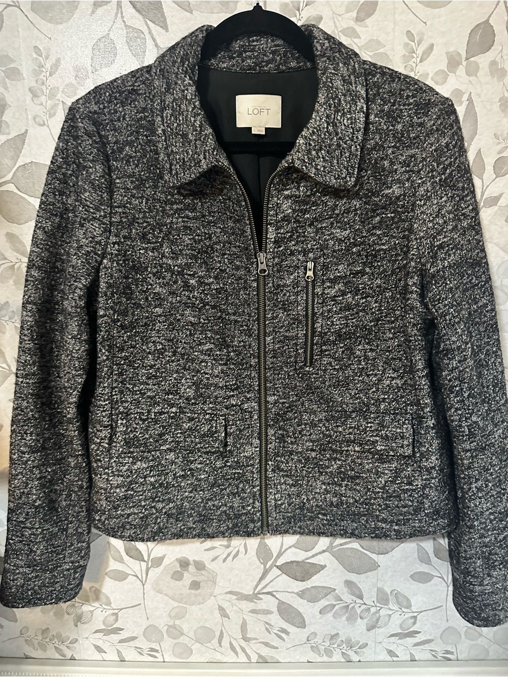 LOFT Charcoal Heather Zip-Front Blazer Jacket Wool Cotton Blend Large